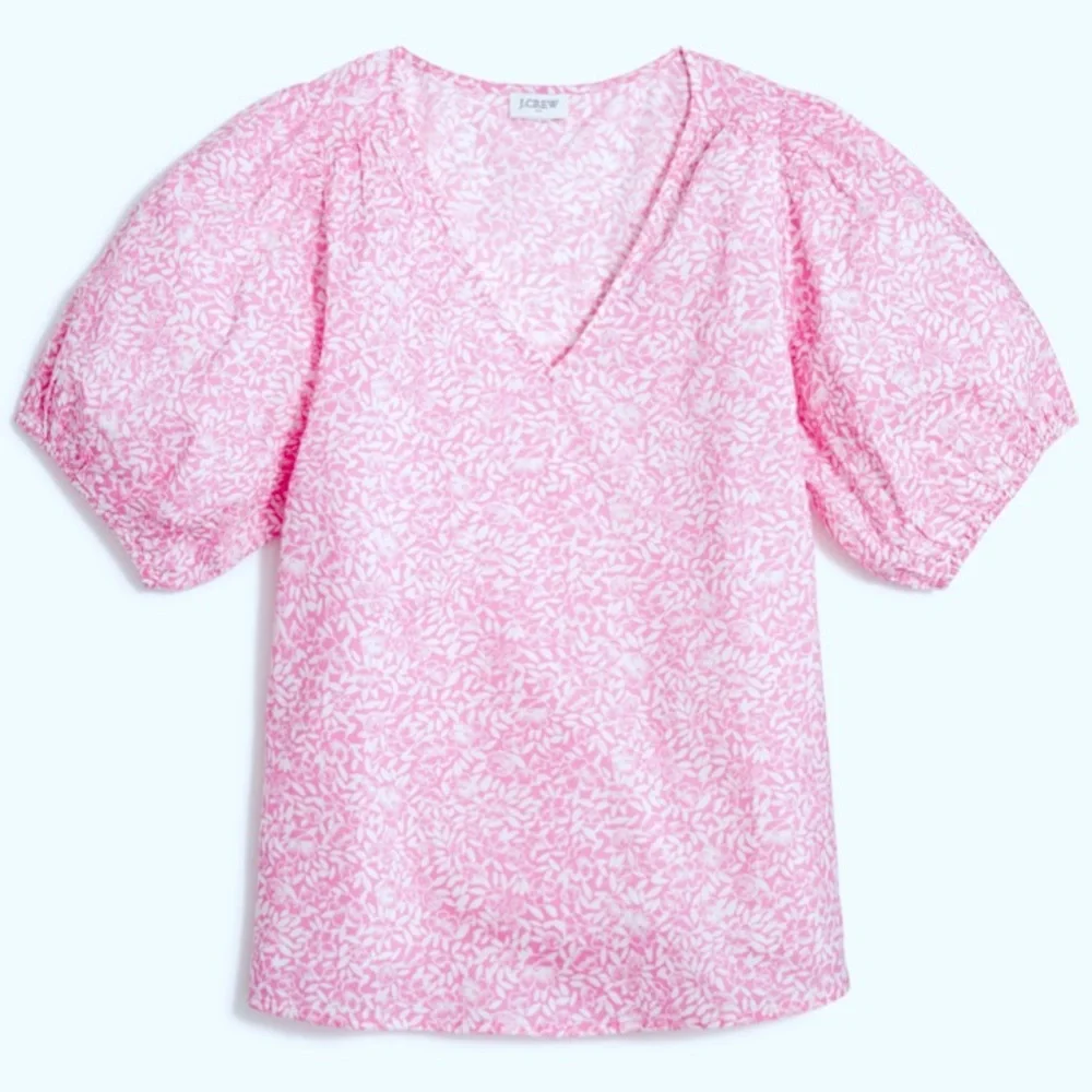 J. Crew Cotton V-Neck Puff-Sleeve Floral Womens Pink/White Blouse Size Large NEW